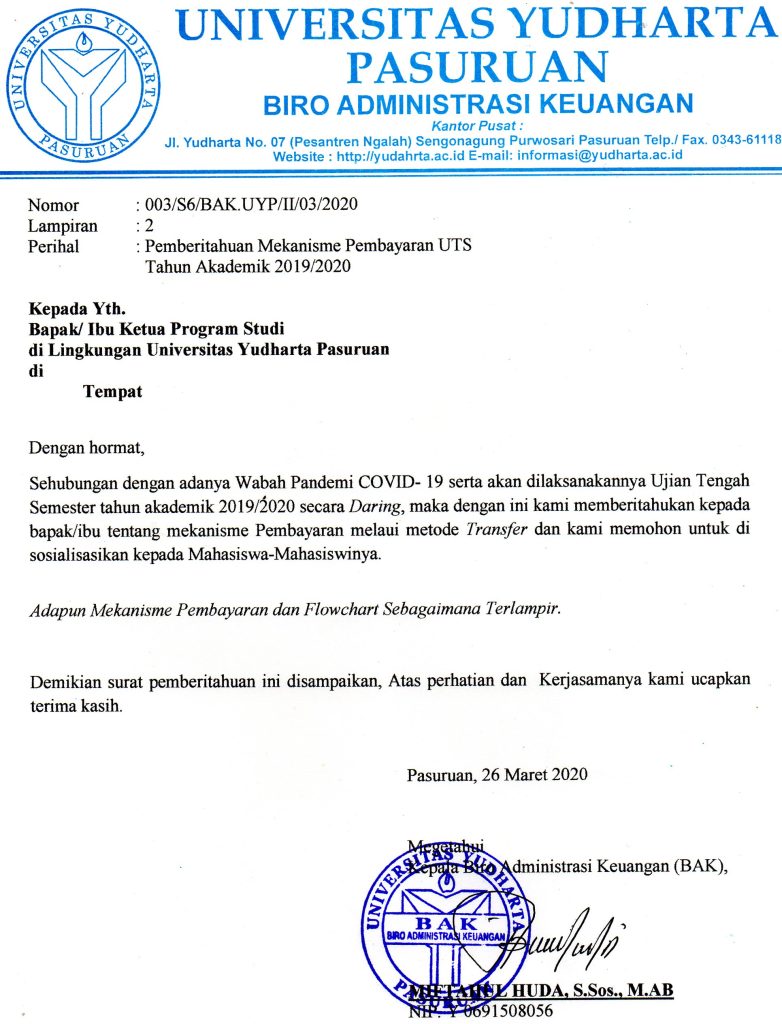 Mekanisme Pembayaran UTS Tahun Akademik 2019/2020