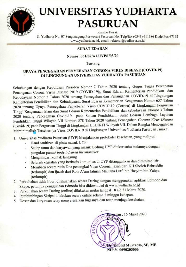 Surat Edaran Rektor Yudharta Tentang Upaya Pencegahan Penyebaran Covid-19