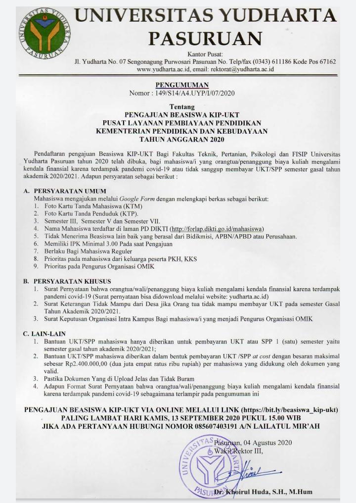 Beasiswa KIP-UKT Universitas Yudharta Pasuruan